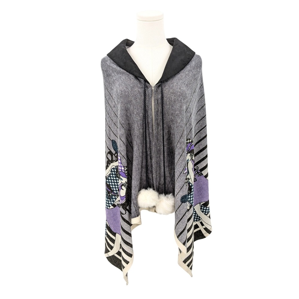 Secrets Graphic Hooded Wool Blend Poncho with Pom Ties –‎ One Size